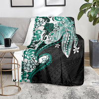 Monstera Plumeria Flowers Teal Blanket Polynesian Pattern