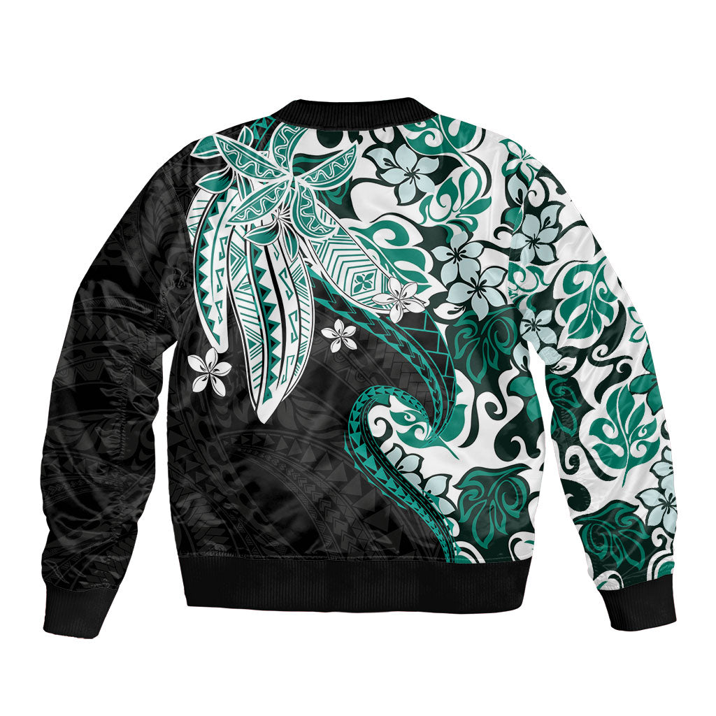 Monstera Plumeria Flowers Teal Bomber Jacket Polynesian Pattern