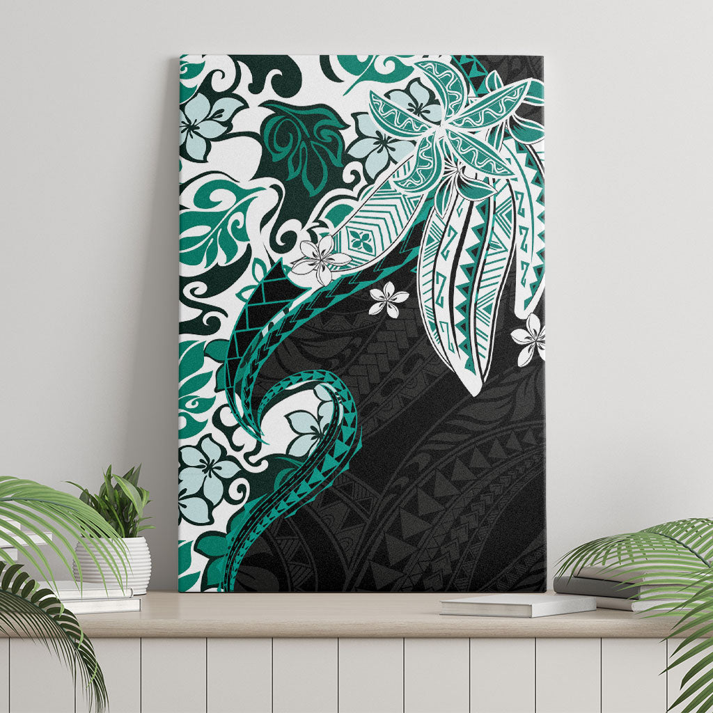 Monstera Plumeria Flowers Teal Canvas Wall Art Polynesian Pattern