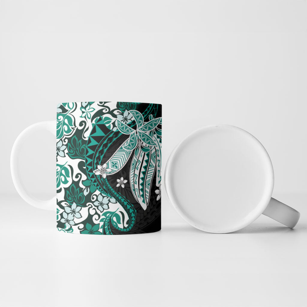 Monstera Plumeria Flowers Teal Ceramic Mug Polynesian Pattern