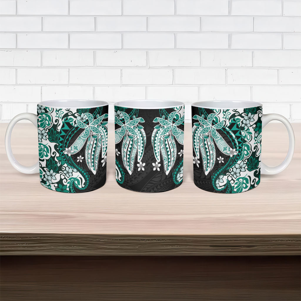 Monstera Plumeria Flowers Teal Ceramic Mug Polynesian Pattern