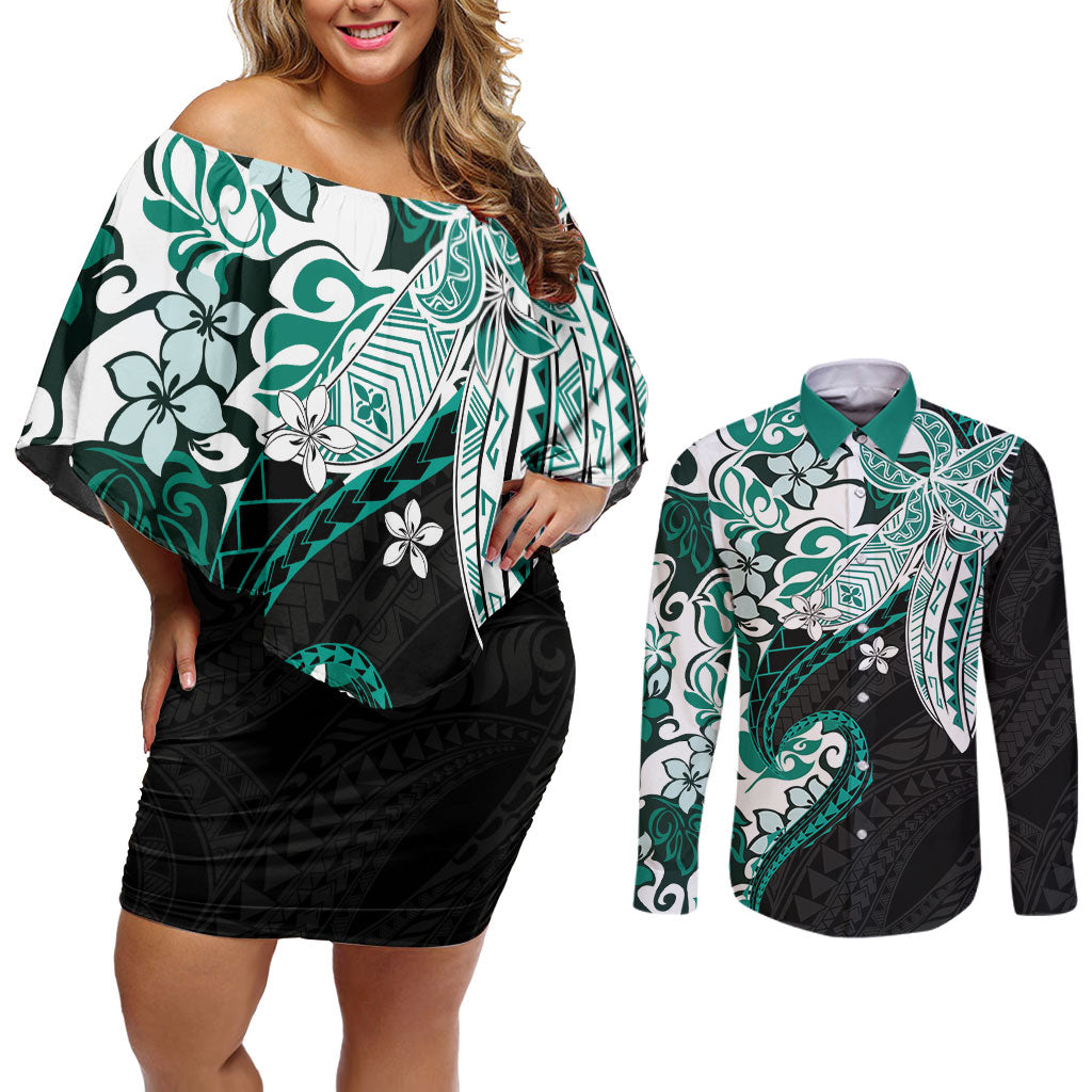 Monstera Plumeria Flowers Teal Couples Matching Off Shoulder Short Dress and Long Sleeve Button Shirt Polynesian Pattern LT01 Teal - Polynesian Pride