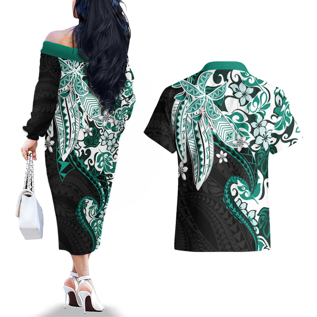 Monstera Plumeria Flowers Teal Couples Matching Off The Shoulder Long Sleeve Dress and Hawaiian Shirt Polynesian Pattern