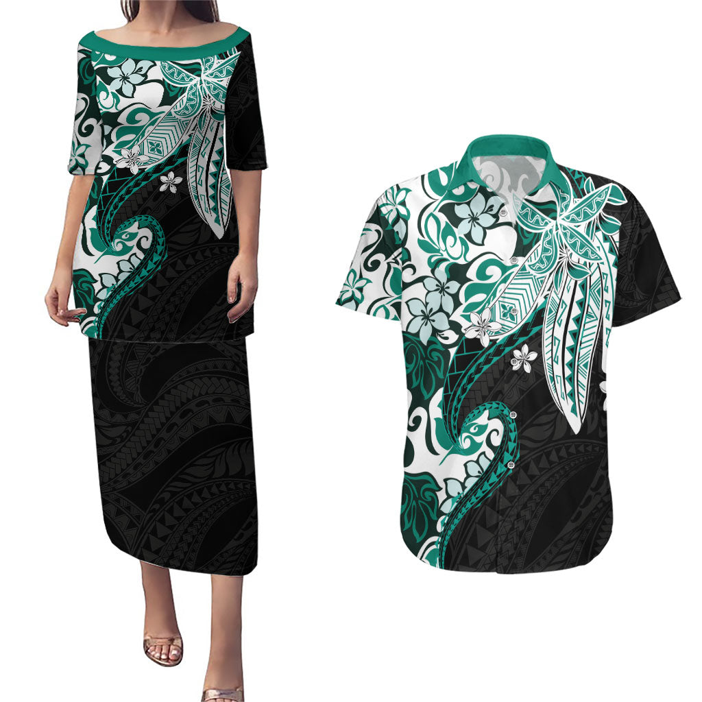 Monstera Plumeria Flowers Teal Couples Matching Puletasi and Hawaiian Shirt Polynesian Pattern LT01 Teal - Polynesian Pride
