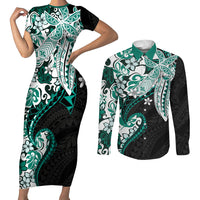 Monstera Plumeria Flowers Teal Couples Matching Short Sleeve Bodycon Dress and Long Sleeve Button Shirt Polynesian Pattern LT01 Teal - Polynesian Pride