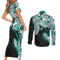Monstera Plumeria Flowers Teal Couples Matching Short Sleeve Bodycon Dress and Long Sleeve Button Shirt Polynesian Pattern LT01 - Polynesian Pride