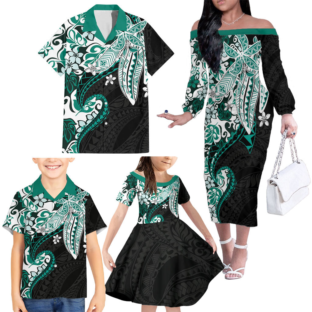 Monstera Plumeria Flowers Teal Family Matching Off The Shoulder Long Sleeve Dress and Hawaiian Shirt Polynesian Pattern