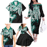 Monstera Plumeria Flowers Teal Family Matching Off The Shoulder Long Sleeve Dress and Hawaiian Shirt Polynesian Pattern