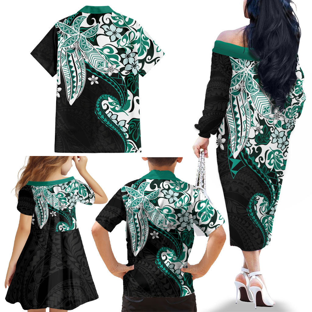 Monstera Plumeria Flowers Teal Family Matching Off The Shoulder Long Sleeve Dress and Hawaiian Shirt Polynesian Pattern