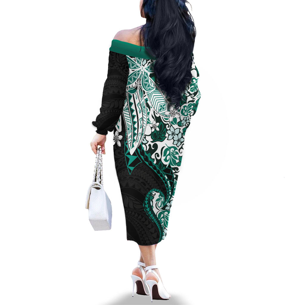 Monstera Plumeria Flowers Teal Family Matching Off The Shoulder Long Sleeve Dress and Hawaiian Shirt Polynesian Pattern