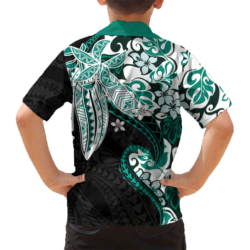 Monstera Plumeria Flowers Teal Family Matching Off Shoulder Maxi Dress and Hawaiian Shirt Polynesian Pattern