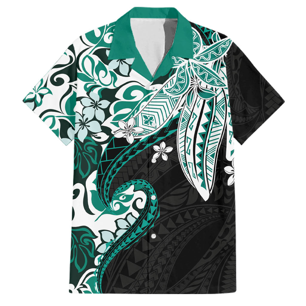Monstera Plumeria Flowers Teal Family Matching Off Shoulder Maxi Dress and Hawaiian Shirt Polynesian Pattern