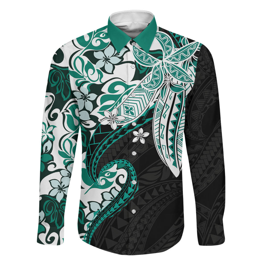 Monstera Plumeria Flowers Teal Family Matching Off Shoulder Maxi Dress and Hawaiian Shirt Polynesian Pattern