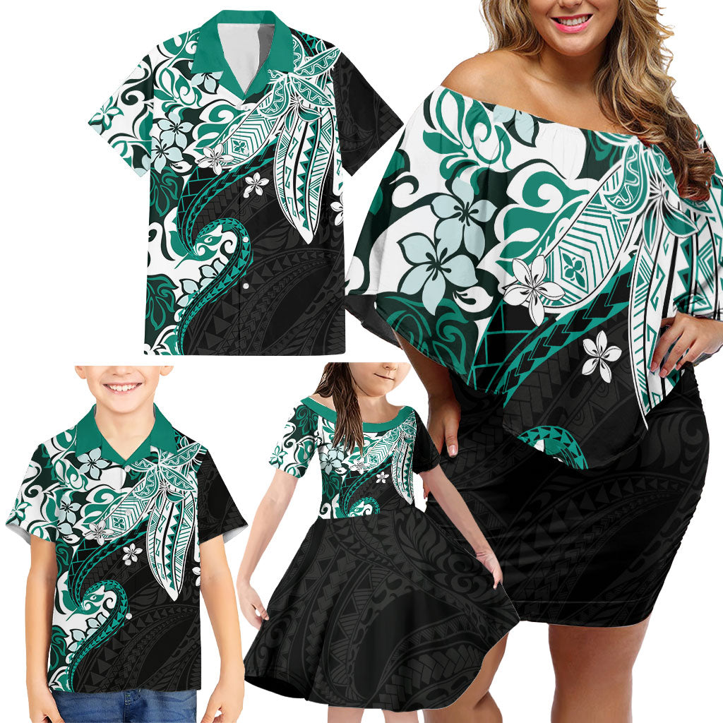 Monstera Plumeria Flowers Teal Family Matching Off Shoulder Short Dress and Hawaiian Shirt Polynesian Pattern