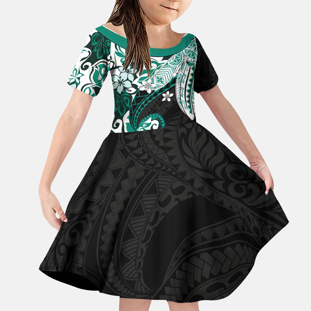 Monstera Plumeria Flowers Teal Family Matching Puletasi and Hawaiian Shirt Polynesian Pattern