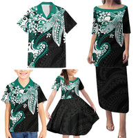 Monstera Plumeria Flowers Teal Family Matching Puletasi and Hawaiian Shirt Polynesian Pattern