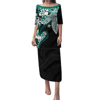 Monstera Plumeria Flowers Teal Family Matching Puletasi and Hawaiian Shirt Polynesian Pattern