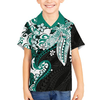 Monstera Plumeria Flowers Teal Family Matching Puletasi and Hawaiian Shirt Polynesian Pattern