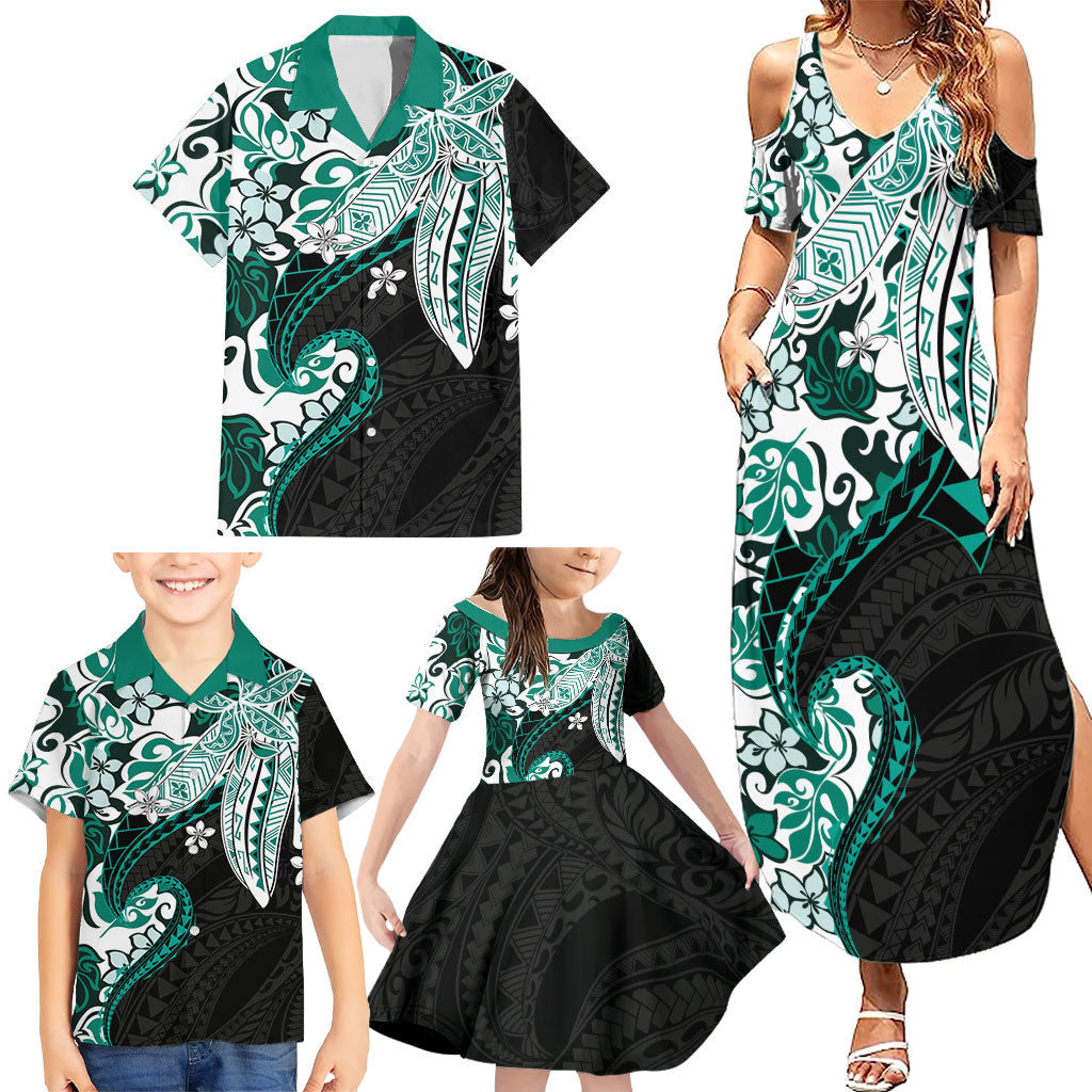 Monstera Plumeria Flowers Teal Family Matching Summer Maxi Dress and Hawaiian Shirt Polynesian Pattern