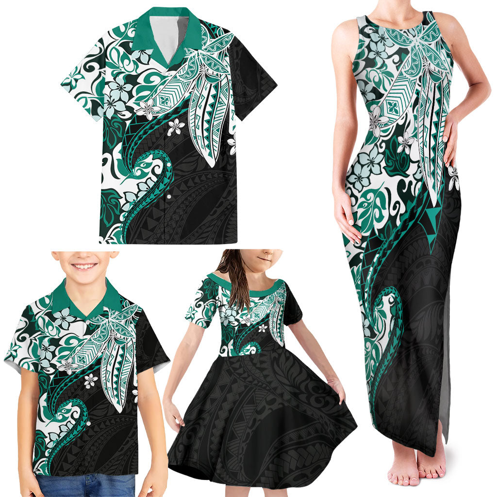 Monstera Plumeria Flowers Teal Family Matching Tank Maxi Dress and Hawaiian Shirt Polynesian Pattern