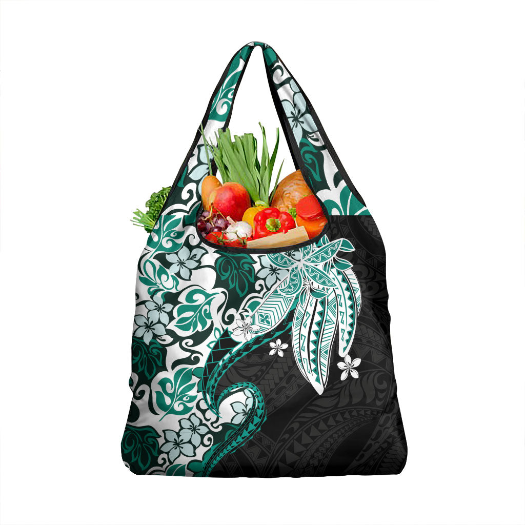 Monstera Plumeria Flowers Teal Grocery Bag Polynesian Pattern