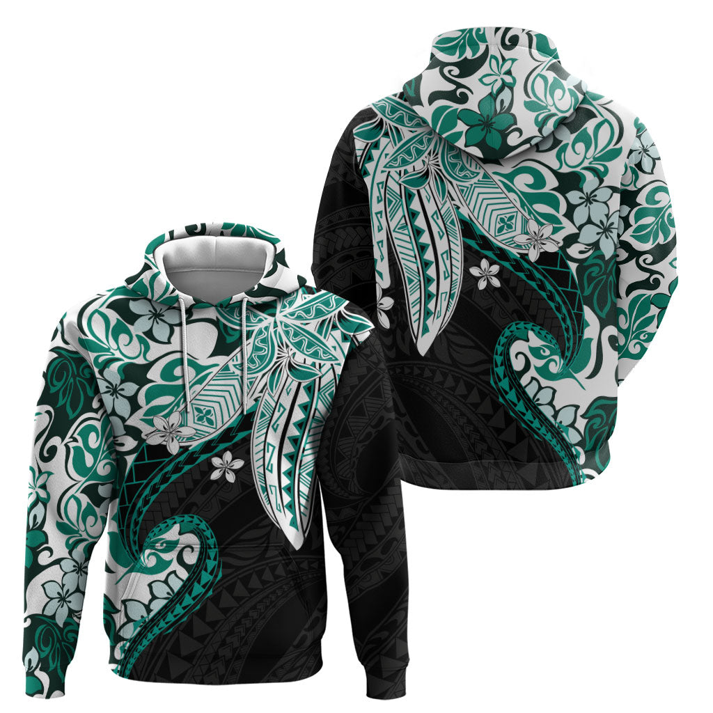 Monstera Plumeria Flowers Teal Hoodie Polynesian Pattern