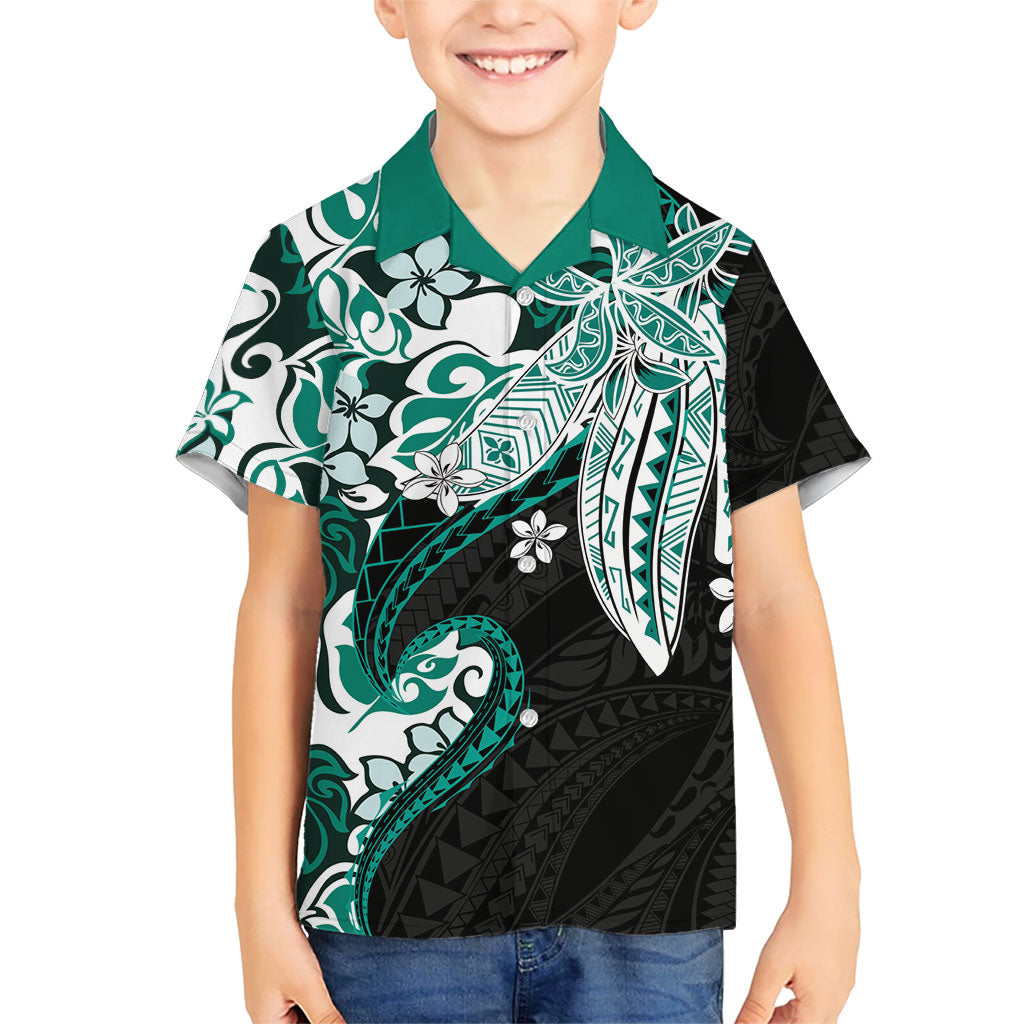 Monstera Plumeria Flowers Teal Kid Hawaiian Shirt Polynesian Pattern