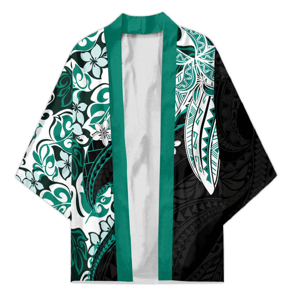 Monstera Plumeria Flowers Teal Kimono Polynesian Pattern LT01 Unisex Teal - Polynesian Pride