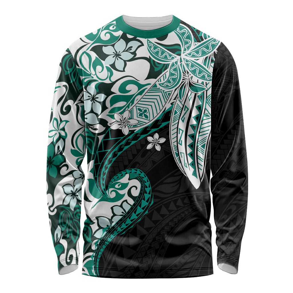 Monstera Plumeria Flowers Teal Long Sleeve Shirt Polynesian Pattern LT01 Unisex Teal - Polynesian Pride