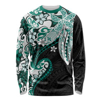 Monstera Plumeria Flowers Teal Long Sleeve Shirt Polynesian Pattern