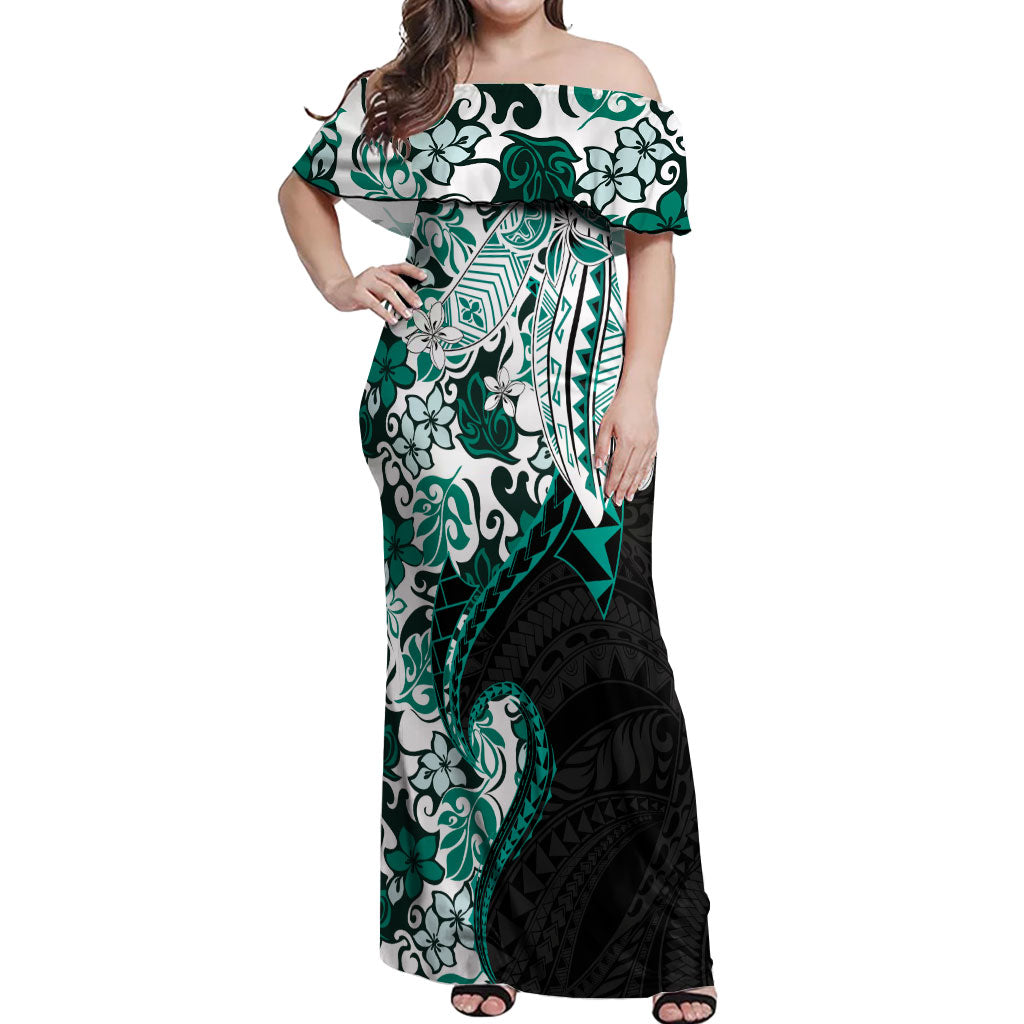Monstera Plumeria Flowers Teal Off Shoulder Maxi Dress Polynesian Pattern LT01 Women Teal - Polynesian Pride