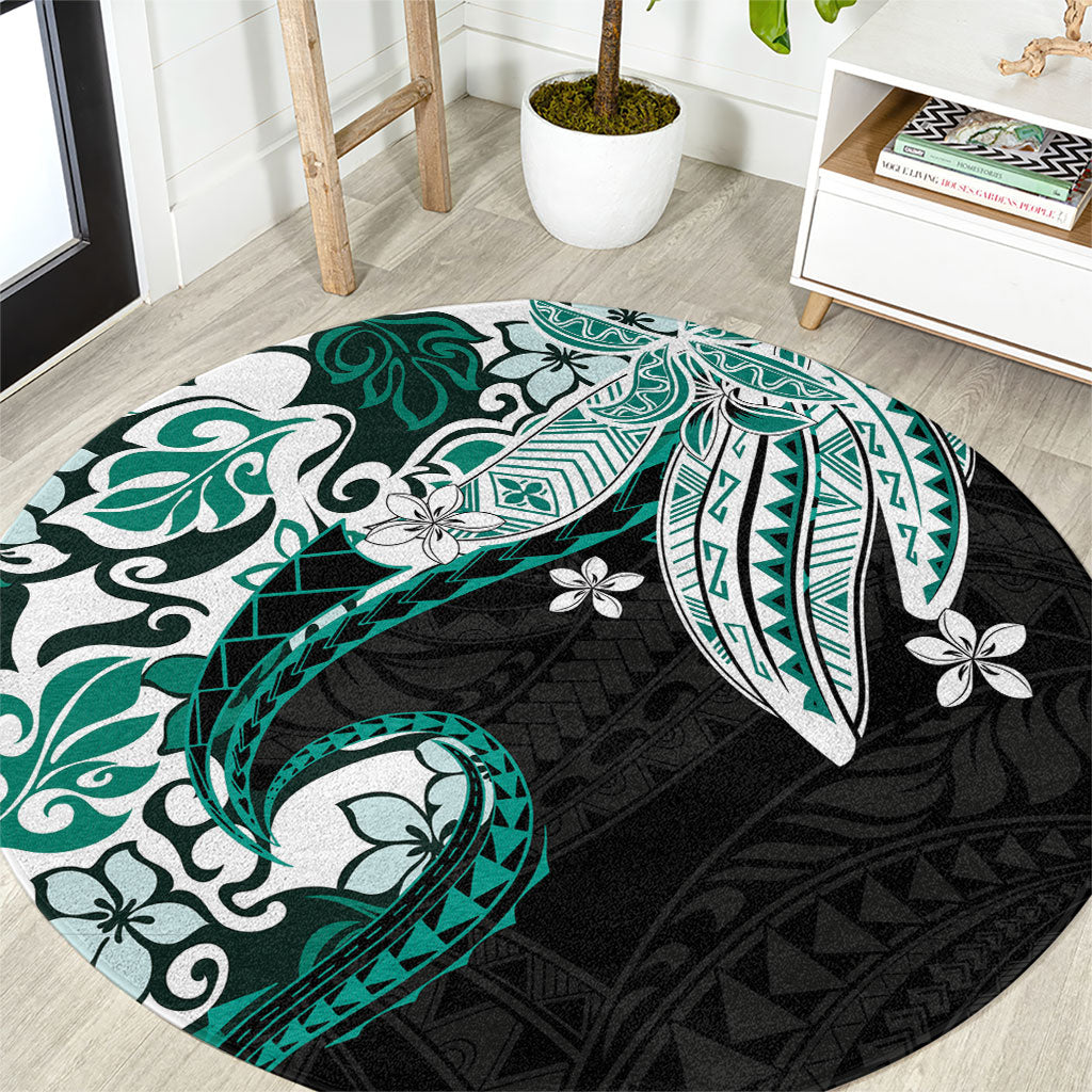 Monstera Plumeria Flowers Teal Round Carpet Polynesian Pattern LT01 Teal - Polynesian Pride