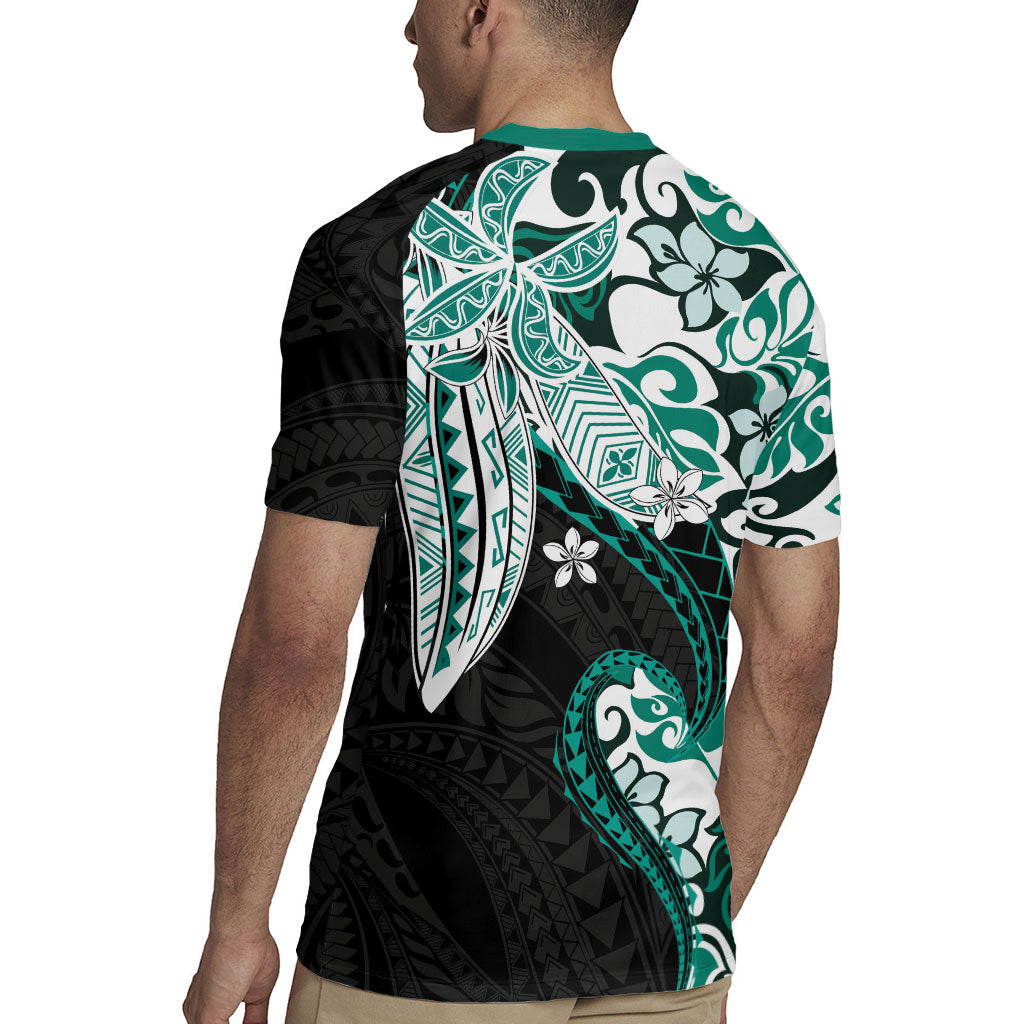 Monstera Plumeria Flowers Teal Rugby Jersey Polynesian Pattern