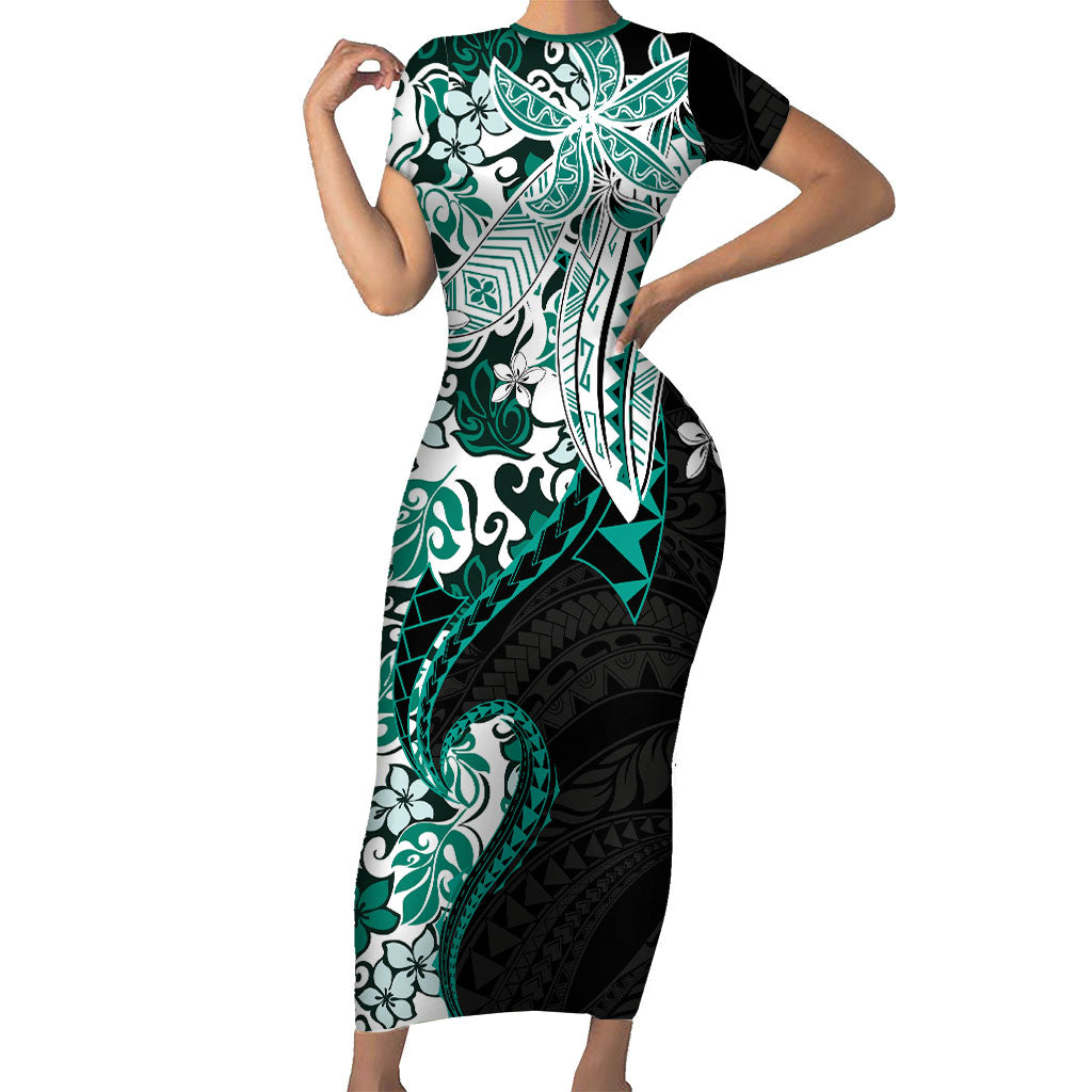 Monstera Plumeria Flowers Teal Short Sleeve Bodycon Dress Polynesian Pattern