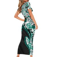 Monstera Plumeria Flowers Teal Short Sleeve Bodycon Dress Polynesian Pattern