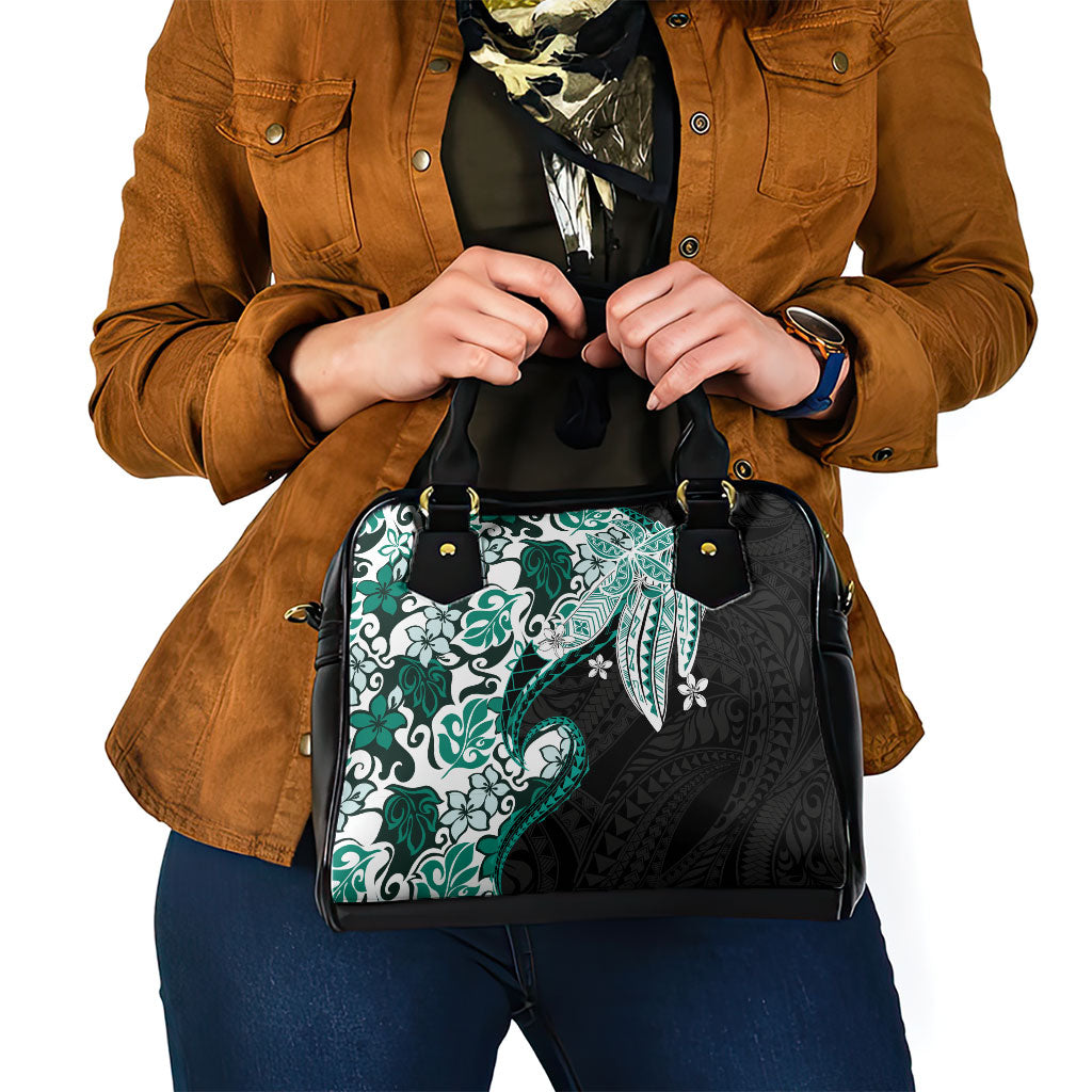 Monstera Plumeria Flowers Teal Shoulder Handbag Polynesian Pattern