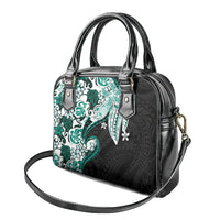 Monstera Plumeria Flowers Teal Shoulder Handbag Polynesian Pattern