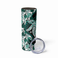 Monstera Plumeria Flowers Teal Skinny Tumbler Polynesian Pattern