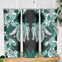Monstera Plumeria Flowers Teal Skinny Tumbler Polynesian Pattern