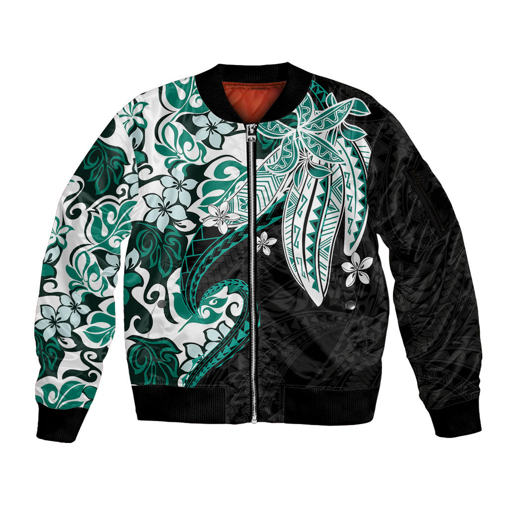 Monstera Plumeria Flowers Teal Sleeve Zip Bomber Jacket Polynesian Pattern LT01 Unisex Teal - Polynesian Pride
