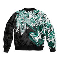 Monstera Plumeria Flowers Teal Sleeve Zip Bomber Jacket Polynesian Pattern LT01 - Polynesian Pride