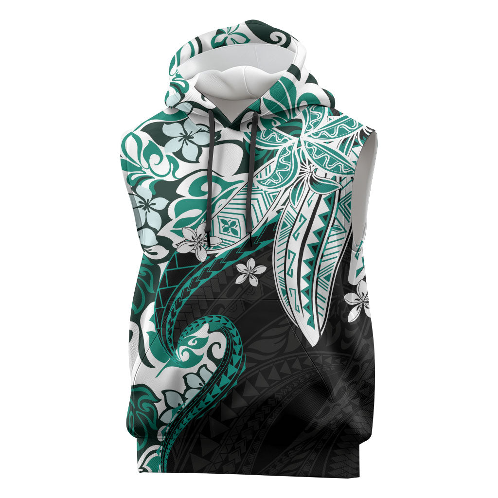 Monstera Plumeria Flowers Teal Sleeveless Hoodie Polynesian Pattern LT01 Teal - Polynesian Pride