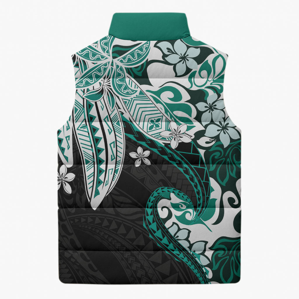 Monstera Plumeria Flowers Teal Sleeveless Puffer Jacket Polynesian Pattern
