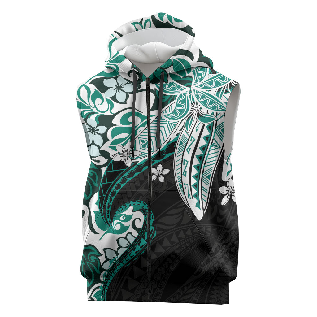 Monstera Plumeria Flowers Teal Sleeveless Zip Hoodie Polynesian Pattern LT01 Teal - Polynesian Pride