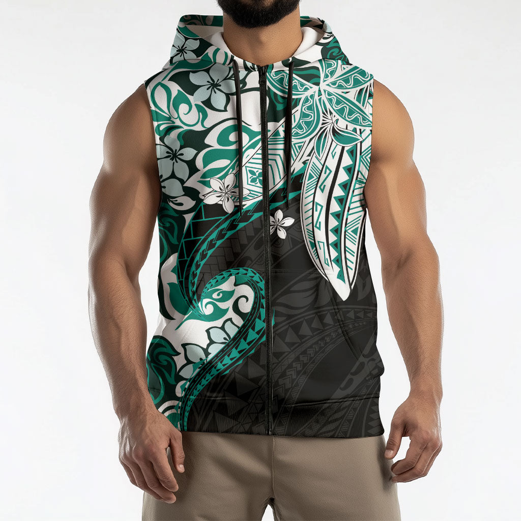 Monstera Plumeria Flowers Teal Sleeveless Zip Hoodie Polynesian Pattern LT01 - Polynesian Pride