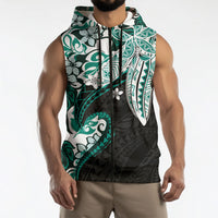 Monstera Plumeria Flowers Teal Sleeveless Zip Hoodie Polynesian Pattern LT01 - Polynesian Pride