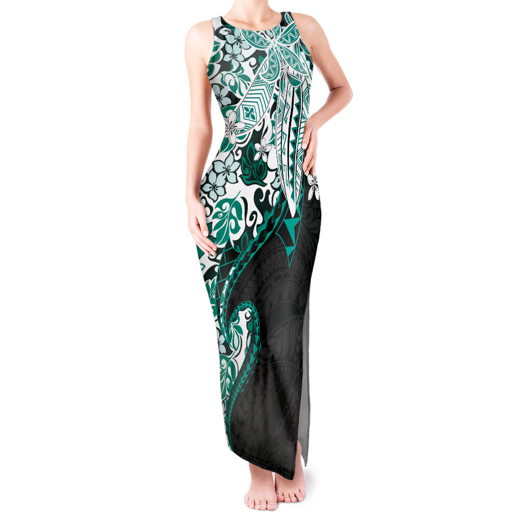 Monstera Plumeria Flowers Teal Tank Maxi Dress Polynesian Pattern