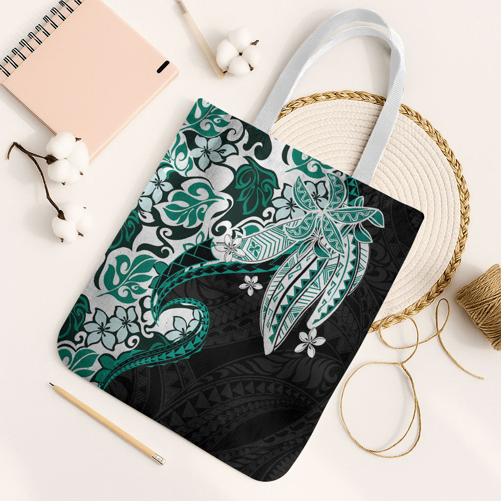Monstera Plumeria Flowers Teal Tote Bag Polynesian Pattern