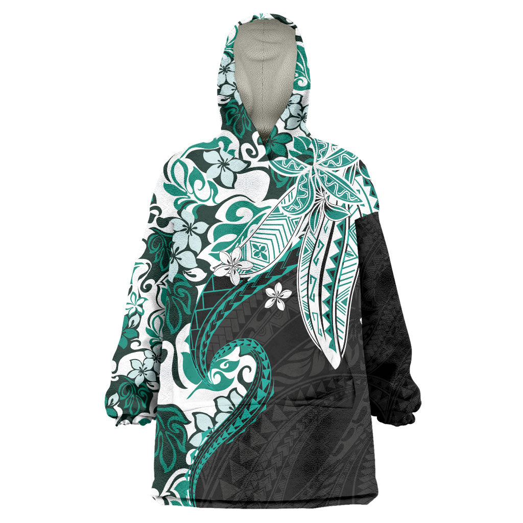 Monstera Plumeria Flowers Teal Wearable Blanket Hoodie Polynesian Pattern