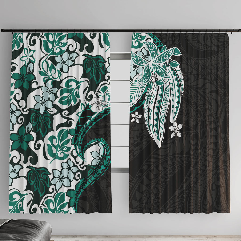 Monstera Plumeria Flowers Teal Window Curtain Polynesian Pattern LT01 With Hooks Teal - Polynesian Pride